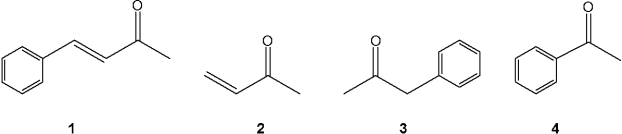 Which of the following compounds gives a carbonyl bond absorption at the highest frequency?   A) 1 B) 2 C) 3 D) 4