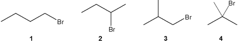Which C<sub>4</sub>H<sub>9</sub>Br compound gives a triplet at approximately 3.5 ppm in the <sup>1</sup>H NMR spectrum?   A) 1 B) 2 C) 3 D) 4