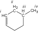  Which of the protons in the following molecule appear at the highest  \delta -value in the <sup>1</sup>H NMR spectrum?   A) i B) ii C) iii D) iv 