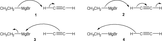 <strong>Which of the following mechanisms accounts for the acid-base reaction of ethylmagnesum bromide with acetylene to give acetylide anion? </strong> A)1 B)2 C)3 D)4