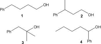 <strong>Which of the following alcohols can be prepared from a Grignard reagent and ethylene oxide? </strong> A)only 1 B)only 1 and 2 C)only 1, 2 and 3 D)1, 2, 3 and 4