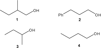 <strong>Which of the following alcohols can be prepared from a Grignard reagent and ethylene oxide? </strong> A)only 1 and 2 B)only 1 and 4 C)only 1, 2 and 3 D)only 2 and 4