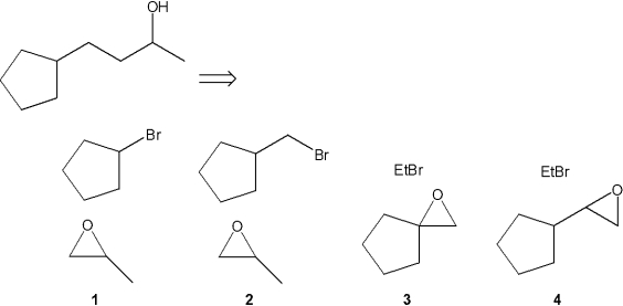 <strong>Which combination(s) of alkyl bromide and epoxide can be used to prepare the following product by addition of the Grignard reagent derived from the alkyl bromide to the epoxide? </strong> A)only 1 B)only 2 C)only 1 and 3 D)only 2 and 4