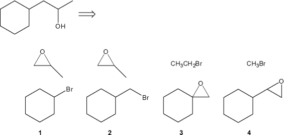 <strong>Which combination(s) of alkyl bromide and epoxide can be used to prepare the following product by addition of the Grignard reagent derived from the alkyl bromide to the epoxide? </strong> A)only 1 B)only 2 C)only 1 and 3 D)only 2 and 4