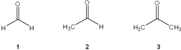 What is the correct assignment of the names of the following aldehydes and ketones?   A) 1 = acetone; 2 = acetaldehyde; 3 = formaldehyde B) 1 = acetaldehyde; 2 = acetophenone; 3 = benzophenone C) 1 = formaldehyde; 2 = acetaldehyde; 3 = acetone D) 1 = acetaldehyde; 2 = acetone; 3 = acetophenone