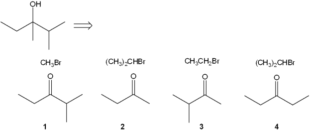 Which combination(s)  of alkyl bromide and carbonyl compound can be used to prepare the following product by addition of the Grignard reagent derived from the alkyl bromide to the carbonyl compound?   A) only 1 and 2 B) only 3 and 4 C) only 2 and 3 D) only 1, 2 and 3