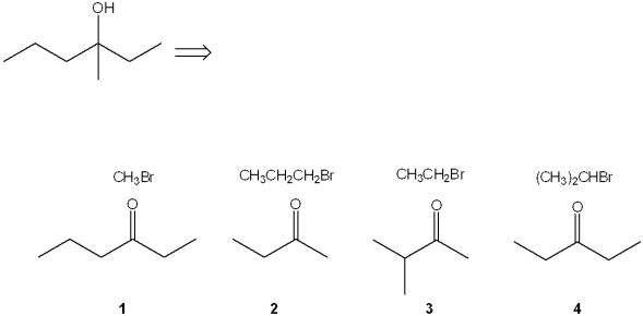 Which combination(s)  of alkyl bromide and carbonyl compound can be used to prepare the following product by addition of the Grignard reagent derived from the alkyl bromide to the carbonyl compound?   A) only 1 and 2 B) only 3 and 4 C) only 2 and 3 D) only 1, 2 and 3