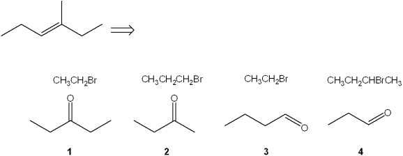 Which combination(s)  of alkyl bromide and carbonyl compound can be used to prepare the following product by reaction of the Wittig reagent derived from the alkyl bromide with the carbonyl compound?   A) only 1 and 2 B) only 2 and 4 C) only 2 and 3 D) only 1, 2 and 3