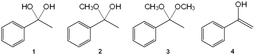 What is the correct assignment of the names of the following functional groups?   A) 1 = enol; 2 = hydrate; 3 = acetal; 4 = hemiacetal B) 1 = acetal; 2 = hydrate; 3 = enol; 4 = hemiacetal C) 1 = hydrate; 2 = hemiacetal; 3 = acetal; 4 = enol D) 1 = enol; 2 = hydrate; 3 = hemiacetal; 4 = enol