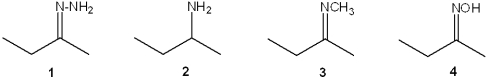 What is the correct assignment of the names of the following functional groups?   A) 1 = imine; 2 = amine; 3 = hydrazone; 4 = oxime B) 1 = hydrazone; 2 = amine; 3 = imine; 4 = oxime C) 1 = oxime; 2 = imine; 3 = amine; 4 = hydrazone D) 1 = imine; 2 = hydrazone; 3 = oxime; 4 = amine