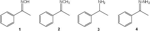 What is the correct assignment of the names of the following functional groups?   A) 1 = imine; 2 = amine; 3 = hydrazone; 4 = oxime B) 1 = hydrazone; 2 = amine; 3 = imine; 4 = oxime C) 1 = oxime; 2 = imine; 3 = amine; 4 = hydrazone D) 1 = imine; 2 = hydrazone; 3 = oxime; 4 = amine