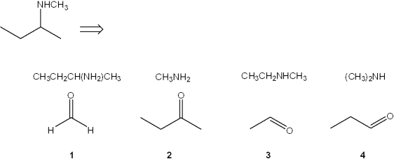 Which combination(s)  of amine and carbonyl compound can be used to prepare the following product by reductive amination?   A) only 1 and 2 B) only 2 and 4 C) only 2 and 3 D) only 1, 2 and 3
