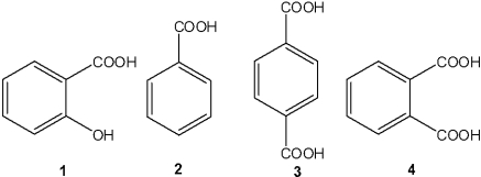 What is the correct assignment of the names of the following substituted benzenes?   A) 1 = salicylic acid; 2 = benzoic acid; 3 = terephthalic acid; 4 = phthalic acid B) 1 = terephthalic acid; 2 = salicylic acid; 3 = benzoic acid; 4 = phthalic acid C) 1 = salicylic acid; 2 = terephthalic acid; 3 = phthalic acid; 4 = benzoic acid D) 1 = phthalic acid; 2 = benzoic acid; 3 = terephthalic acid; 4 = salicylic acid