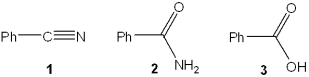 What is the correct assignment of the names of the following substituted benzenes?   A) 1 = benzonitrile; 2 = benzyl amine; 3 = benzyl alcohol B) 1 = benzyl amine; 2 = benzonitrile; 3 = benzamide C) 1 = benzamide; 2 = benzonitrile; 3 = benzoic acid D) 1 = benzonitrile; 2 = benzamide; 3 = benzoic acid