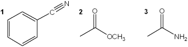 What is the correct assignment of the functional groups in the following compounds?   A) 1 = amide; 2 = ester; 3 = nitrile B) 1 = nitrile; 2 = ester; 3 = imide C) 1 = nitrile; 2 = ester; 3 = amide D) 1 = amide; 2 = carboxylic acid; 3 = imide