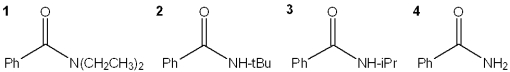  Which of the following compounds is a 3<sup> \circ </sup> amide?   A) 1 B) 2 C) 3 D) 4 