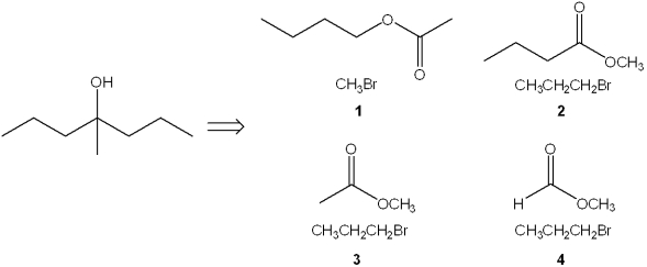 Which combination(s)  of alkyl bromide and ester can be used to prepare the following product by reaction of the Grignard reagent derived from the alkyl bromide with the ester?   A) only 1 B) only 3 C) only 1 and 3 D) only 2 and 4