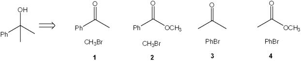 Which combination(s)  of organic bromide and carbonyl compound can be used to prepare the following product by reaction of the Grignard reagent derived from the alkyl bromide with the carbonyl compound?   A) only 1 B) only 1 and 2 C) only 1, 2 and 3 D) 1, 2, 3 and 4
