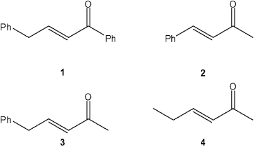 Which of the following compounds can be prepared by a mixed aldol condensation by treatment of a mixture of two carbonyl compounds and NaOH?   A) 1 B) 2 C) 3 D) 4