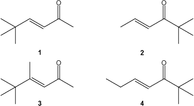 Which of the following compounds can be prepared by a mixed aldol condensation by treatment of a mixture of two carbonyl compounds and NaOH?   A) 1 B) 2 C) 3 D) 4