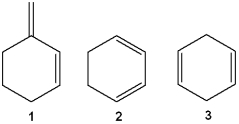 Which of the following are conjugated dienes?   A) only 1 B) only 2 C) only 1 and 2 D) 1, 2 and 3
