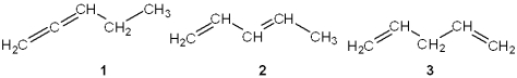 Which of the following are conjugated dienes?   A) only 1 B) only 2 C) only 1 and 2 D) 1, 2 and 3
