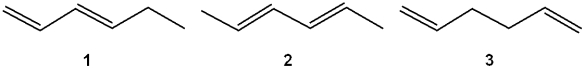What is the correct order of exothermicity for hydrogenation of the following hexadienes upon treatment with H<sub>2</sub>/Pd (more exothermic > less exothermic) ?   A) 1 > 2 > 3 B) 3 > 1 > 2 C) 2 > 1 > 3 D) 3 > 2 > 1