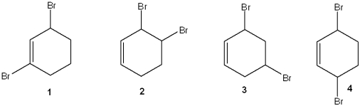Which of the following is(are)  formed upon addition of 1 mol of Br<sub>2</sub> to 1,3-cyclohexane?   A) only 2 B) only 1 and 3 C) only 2 and 4 D) 1, 2 and 3