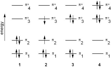 Which of the following energy diagrams represents the electronic state of the ground state of 1,3-butadiene?   A) 1 B) 2 C) 3 D) 4