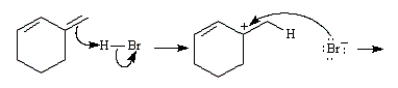 Consider the reaction below to answer the following question(s) :   Enter the appropriate letter in the blank for each the following statements. -The product that results from following mechanistic step is _____.   A) A B) B C) C D) D
