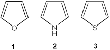 What is the correct assignment of the names of the following heterocycles?   A) 1 = pyrrole; 2 = thiophene; 3 = pyridine B) 1 = thiophene; 2 = furan; 3 = pyrrole C) 1 = furan; 2 = pyrrole; 3 = thiophene D) 1 = furan; 2 = thiophene; 3 = pyrrole