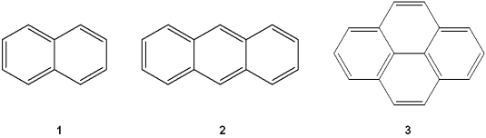 What is the correct assignment of the names of the following fused arenes?   A) 1 = naphthalene; 2 = anthracene; 3 = pyrene B) 1 = naphthalene; 2 = phenanthrene; 3 = coronene C) 1 = naphthalene; 2 = anthracene; 3 = benzo[a]pyrene D) 1 = anthracene; 2 = naphthalene; 3 = coronene