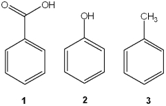 Which of the following has the compounds shown in the correct order of decreasing acidity (i.e., more acidic > less acidic) ?   A) 1 > 2 > 3 B) 2 > 3 > 1 C) 3 > 2 > 1 D) 1 > 3 > 2