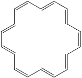 Which of the following is not true about [18]annulene?   A) [18]annulene is planar B) [18]annulene is aromatic C) [18]annulene gives one peak in the <sup>1</sup>H NMR spectrum D) [18]annulene has 18 pi bonds