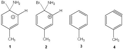 Which of the following is the reactive intermediate in the nucleophilic substitution of 4-bromo-1-toluene with sodium amide?   A) 1 B) 2 C) 3 D) 4