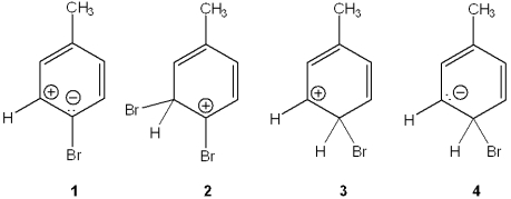 Which of the following is the reactive intermediate formed in the electrophilic bromination of toluene with Br<sub>2</sub>, FeBr<sub>3</sub>?   A) 1 B) 2 C) 3 D) 4
