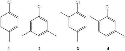 Which of the following chlorobenzenes produces a single isomer upon treatment with NaNH<sub>2</sub>?   A) 1 B) 2 C) 3 D) 4