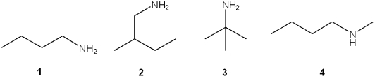  Which of the following compounds are primary (1<sup> \circ </sup>)  amines?   A) 1 and 2 B) 1 and 3 C) 1, 2 and 3 D) 1, 2, 3 and 4 
