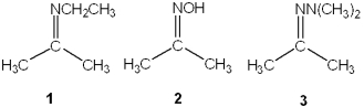  What is the correct assignment of the names of the functional groups in the following nitrogen-containing compounds?   A) 1 = amide; 2 = 2 amine; 3 = oxime B) 1 = imine; 2 = oxime; 3 = hydrazone C) 1 = 2<sup> \circ </sup>amine; 2 = oxime; 3 = hydrazine D) 1 = imine; 2 = hydrazone; 3 = 2<sup> \circ </sup> amine 