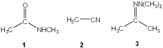  What is the correct assignment of the names of the functional groups in the following nitrogen-containing compounds?   A) 1 = imine; 2 = hydrazone; 3 = amide B) 1 = 2<sup> \circ </sup> amine; 2 = amide; 3 = hydrazone C) 1 =oxime; 2 = hydrazone; 3 = nitrile D) 1 = amide; 2 = nitrile; 3 = hydrazone 
