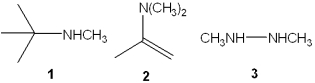 What is the correct assignment of the names of the functional groups in the following nitrogen-containing compounds?   A) 1 = 2<sup> \circ </sup> amine; 2 = enamine; 3 = hydrazine B) 1 = 2<sup> \circ </sup> amine; 2 = amide; 3 = nitrile C) 1 =oxime; 2 = hydrazone; 3 = nitrile D) 1 = imine; 2 = hydrazone; 3 = amide 