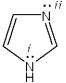 What is the hybridization of the nitrogen atoms labeled i and ii in the aromatic imidazole ring?   A) i = sp<sup>2;</sup>; ii = sp<sup>2</sup> B) i = sp<sup>2</sup>; ii = sp<sup>3</sup> C) i = sp<sup>3</sup>; ii = sp<sup>3</sup> D) i = sp<sup>3</sup>; ii = sp<sup>2</sup>