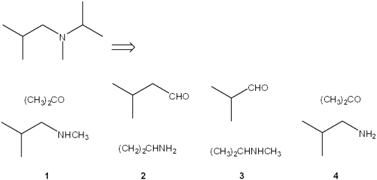 Which combination of carbonyl compound and amine can be used to prepare the following product by reductive amination?   A) only 1 B) only 3 C) only 1 and 3 D) only 2 and 4