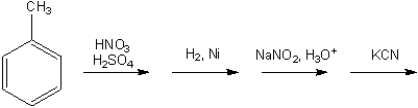 What is the major organic product obtained from the following sequence of reactions (assume that mixtures of ortho and para disubstituted compounds can be separated; continue the synthesis with either one)?  