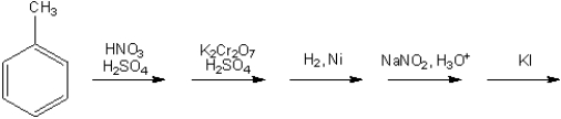 What is the major organic product obtained from the following sequence of reactions (assume that mixtures of ortho and para disubstituted compounds can be separated; continue the synthesis with either one)?  