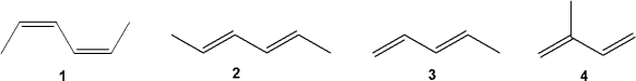 Which of the following is the least reactive diene in Diels Alder reactions?   A) 1 B) 2 C) 3 D) 4