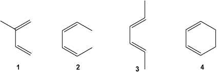 Which of the following is the least reactive diene in Diels Alder reactions?   A) 1 B) 2 C) 3 D) 4