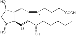  What is the E/Z configuration of the carbon-carbon double bonds at C-5 and C-13 of prostaglandin F<sub>2</sub><sub> \alpha  </sub>?   A) 5E,13E B) 5E,13Z C) 5Z,13E D) 5Z,13Z 