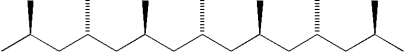 Which term describes the arrangement of substituents on the segment of polypropylene shown below?   A) atactic B) isotactic C) syndiotactic D) stereoirregular