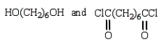 A polymer has the repeating unit drawn below:   The two monomers used to make the polymer are shown below.  